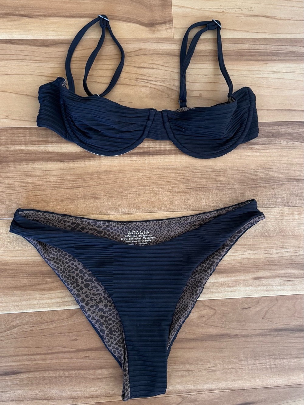 acacia swimwear Black Ribbed Bikini with Leopard Lining